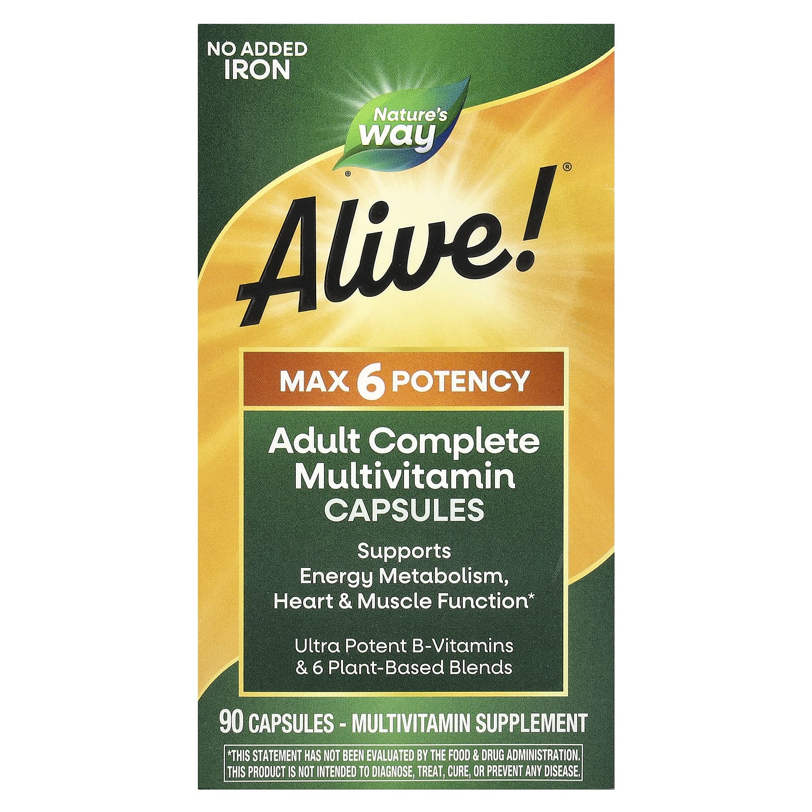 

Nature S Way, Alive! Max6 Potency Multivitamin, Iron Free, 90 Capsules