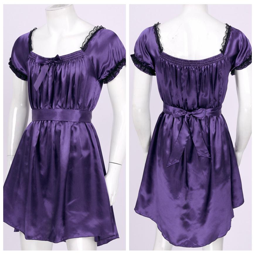 Mens Short Sleeve Square Neckline Shiny Soft Satin High Low Design Crossdress Lingerie Dress with Sash Nightwear Underwear