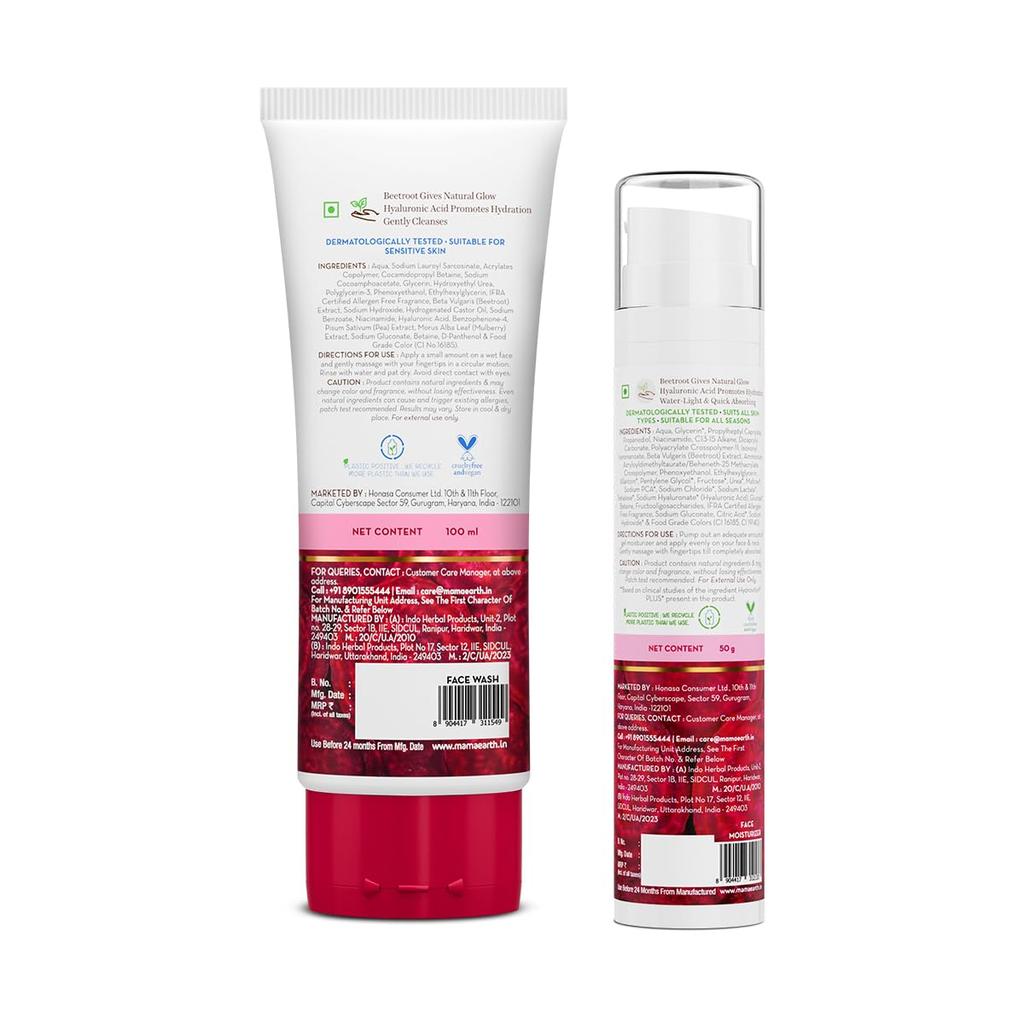 Mamaearth Combo Rosa Naturale alla Barbabietola | Detergente Viso Delicato alla Barbabietola (100ml) & Crema Idratante Hydraful alla Barbabietola (50ml) | Dona un bagliore rosa naturale | C