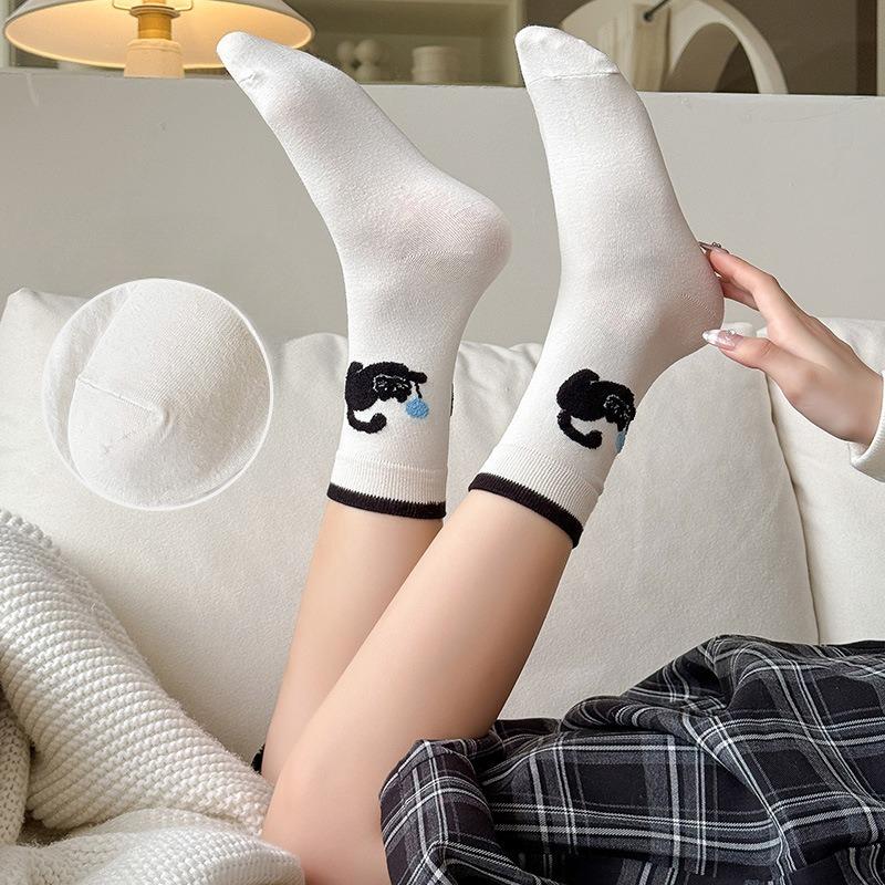 Women's Mid-calf Socks, Cute Plush Puppy, Bow Pile Socks, Pure Cotton Anti-pilling Women's Long Socks