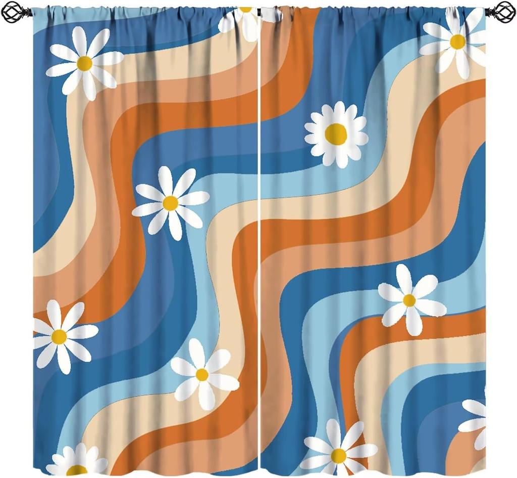 Pink Orange Flower Curtains Girls Bedroom Retro Hippie Groovy Daisy Floral Print Window Treatments Kids Curtain Polyester Ideal For