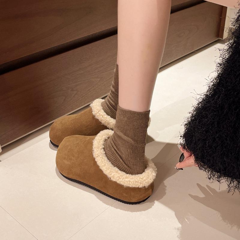 Fashion Winter New Baotou Slippers Women's Fashion Round Head Deep Mouth Suede Anti-slip Wear-resistant Flat Shoes