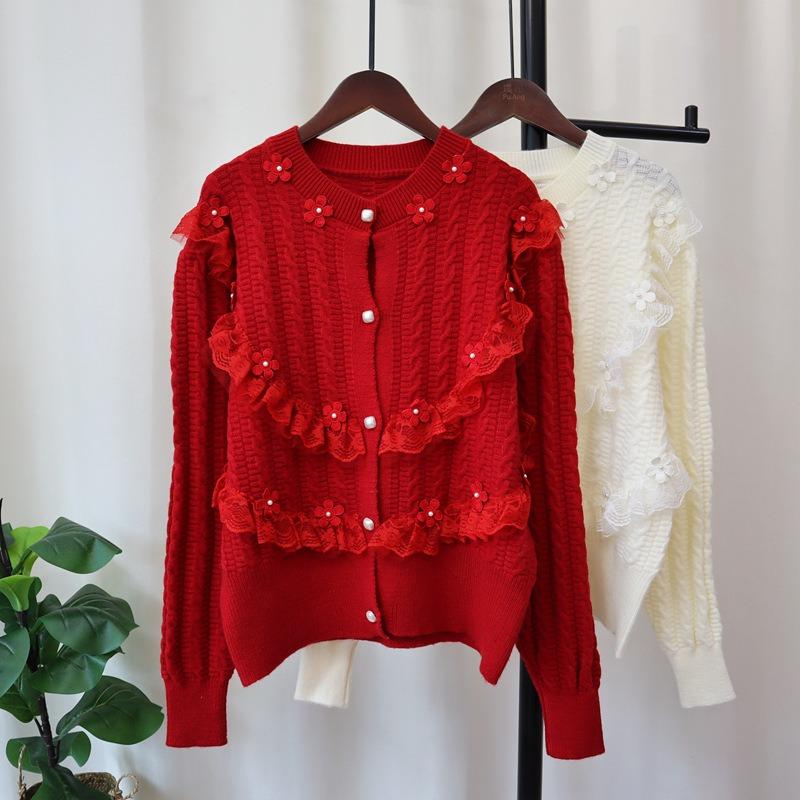 Autumn and Winter New Sweet Bead Flower Splicing Mesh Knitted Cardigan Loose Gentle Wind Sweater Jacket Women