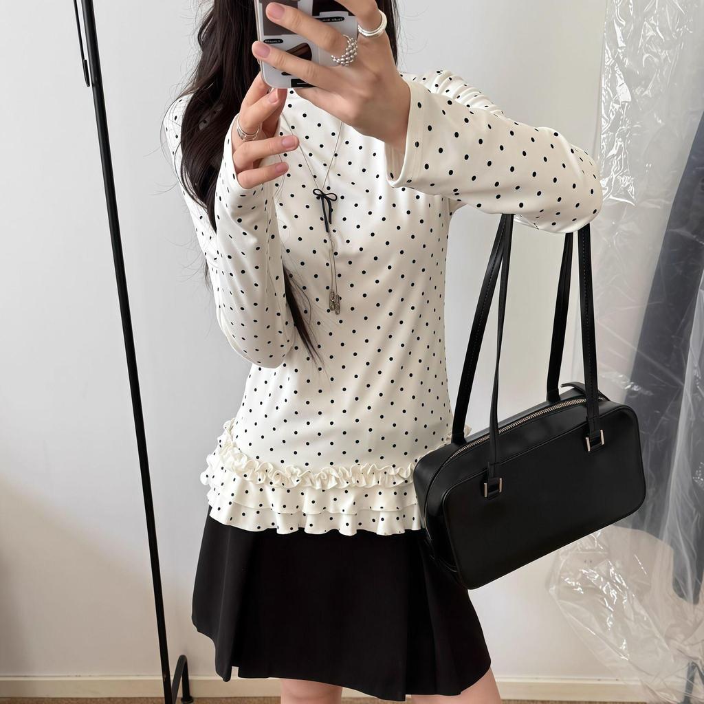 Korean Style Polka Dot Lace Long Sleeve T-Shirt with Ruffled Hem for Women