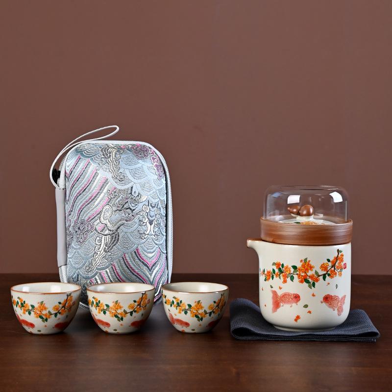 Suet jade travel tea set, one pot and three cups set, portable express cup, outdoor camping teapot, tea cup gift