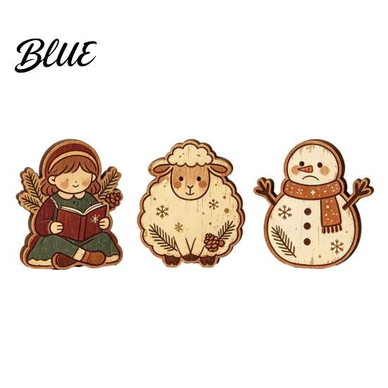 Vintage Christmas Home Accents Wooden Tree Ornaments, Colorful Desktop Decoration, Rustic Holiday Wood Figurines Reindeer for with Pine Cones Bows And