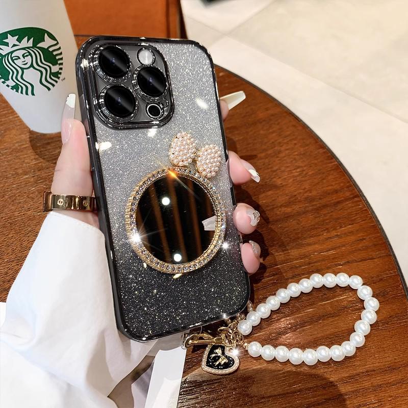 Apple 17 Glitter Diamond Mirror Phone Case with Pearl Bracelet for iPhone 16 Pro Max