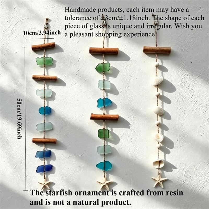Farmhouses Beach Theme Wind Chimes With Sea Glass Shell And Wooden Accent Coastal Wall Art Hanging Pendants Decors