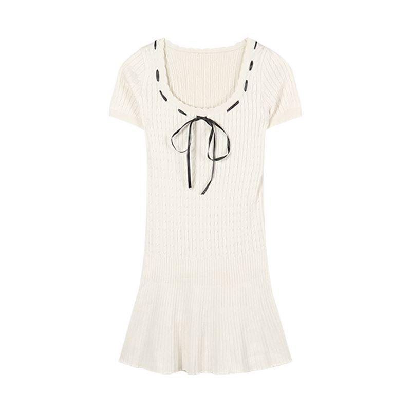 South Korea Dongdaemun Slimming Knit U-neck Dress - Feminine Waist-cinching Trendy Style One Size белый