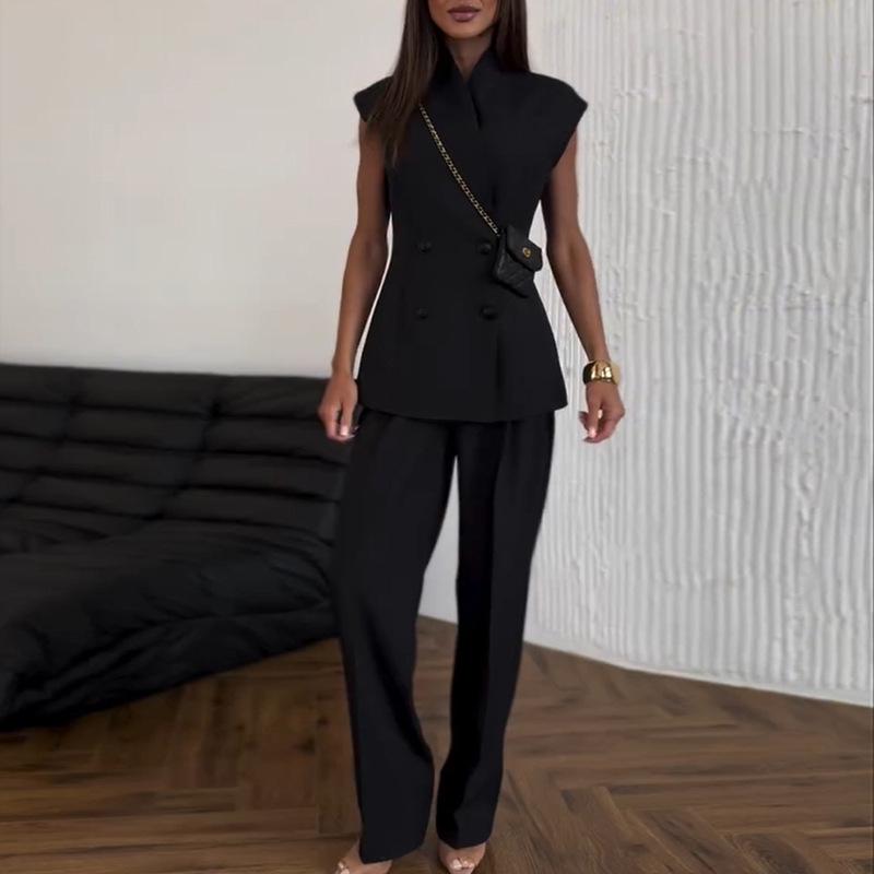 2025 Summer Women's Double-Breasted Vest and High-Waist Pants Set