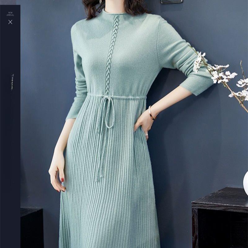 

Вязаное платье с полувысоким воротником для женщин на осень и зиму однотонное миди шерстяное платье повседневный пуловер с длинным рукавом S зелёный