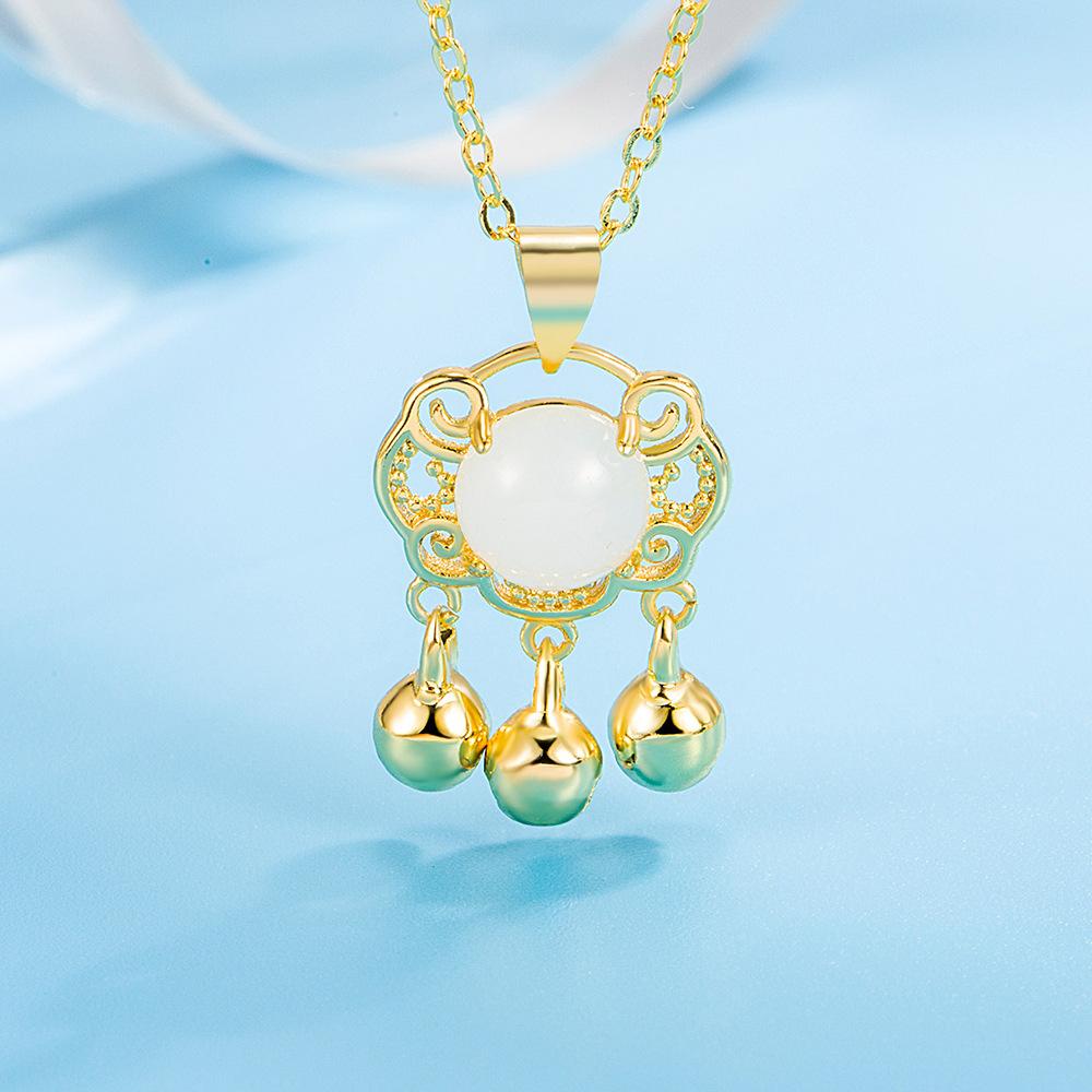 925 Sterling Silver Fashion Classic Auspicious Cloud Bell White Jade Safety Lock Pendant Necklace Birthday Anniversary Gift