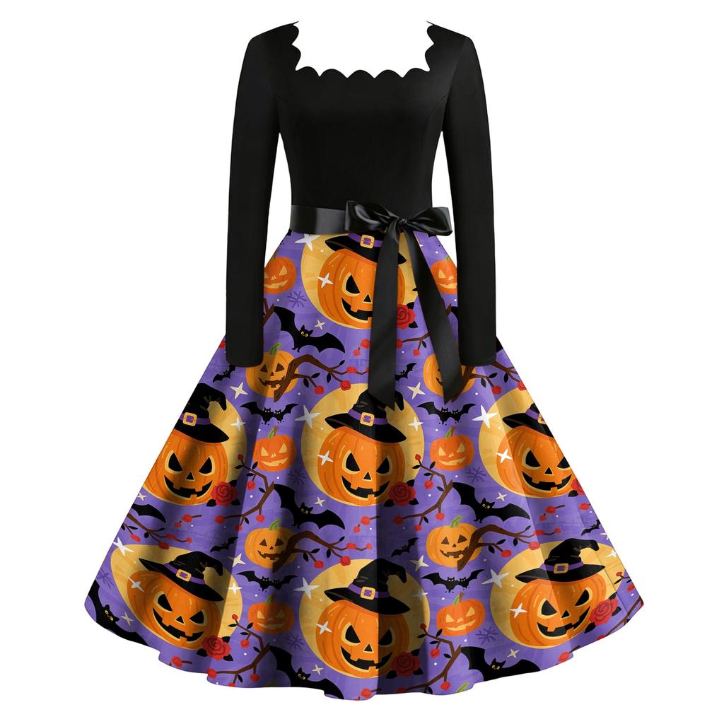 Women's Vintage Long Sleeve Square Neck Halloween Print Party Dress Midi Length Fit and Flare Style with Waist Tie Belt