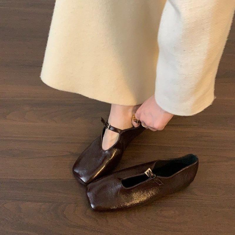 Flat Shoes Autumn New Square Toe Shallow Mouth Metal Buckle Soft Sole Soft Surface Non-slip Low-top Shoes