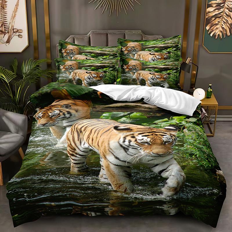 3D Tiger Bedding Set Fierce Beast Down Duvet Cover 2/3 Pieces Boy, Teens Quilt Cover Luxury Quick Drying Bed Cover