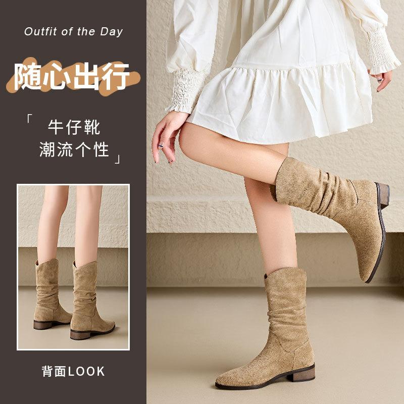 Spring and Autumn Western Cowboy Boots Women's Summer Medium Tube Thick Heel Martin Boots Skinny Pile Knight Boots 2025 New