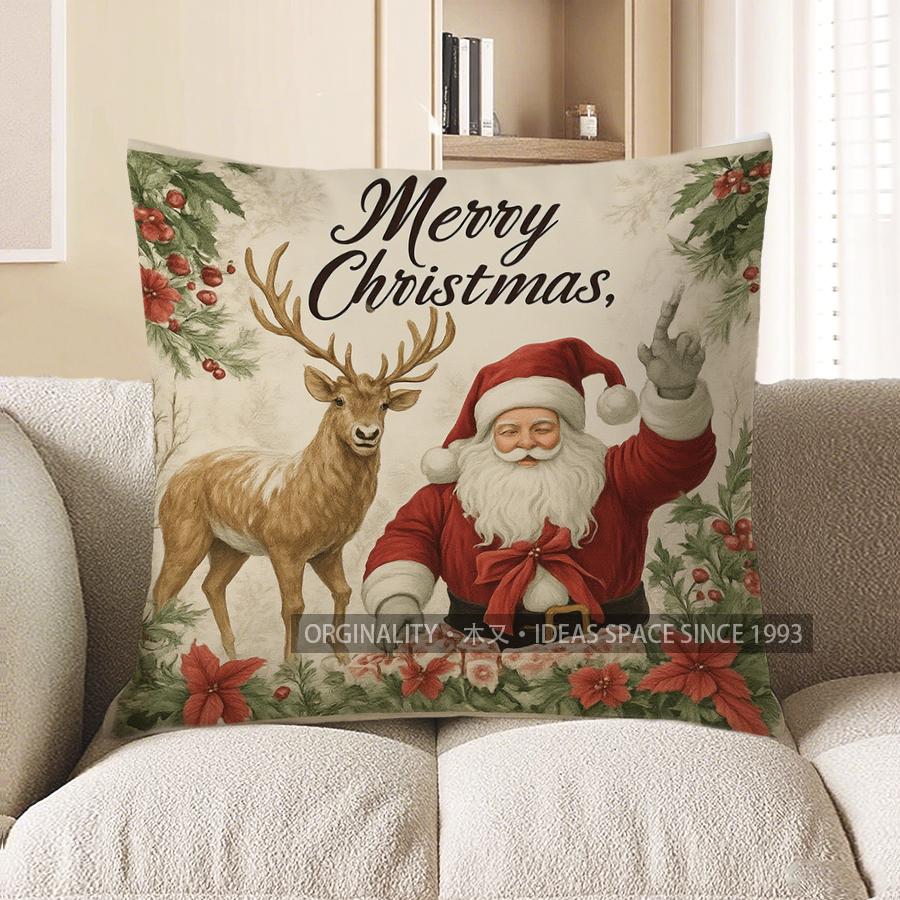 Home Decor Merry Christmas Santa &amp; Deer Decorative Pillow Pattern Cushion Cover Suitable For Sofa Bedroom Car Pillow Cover