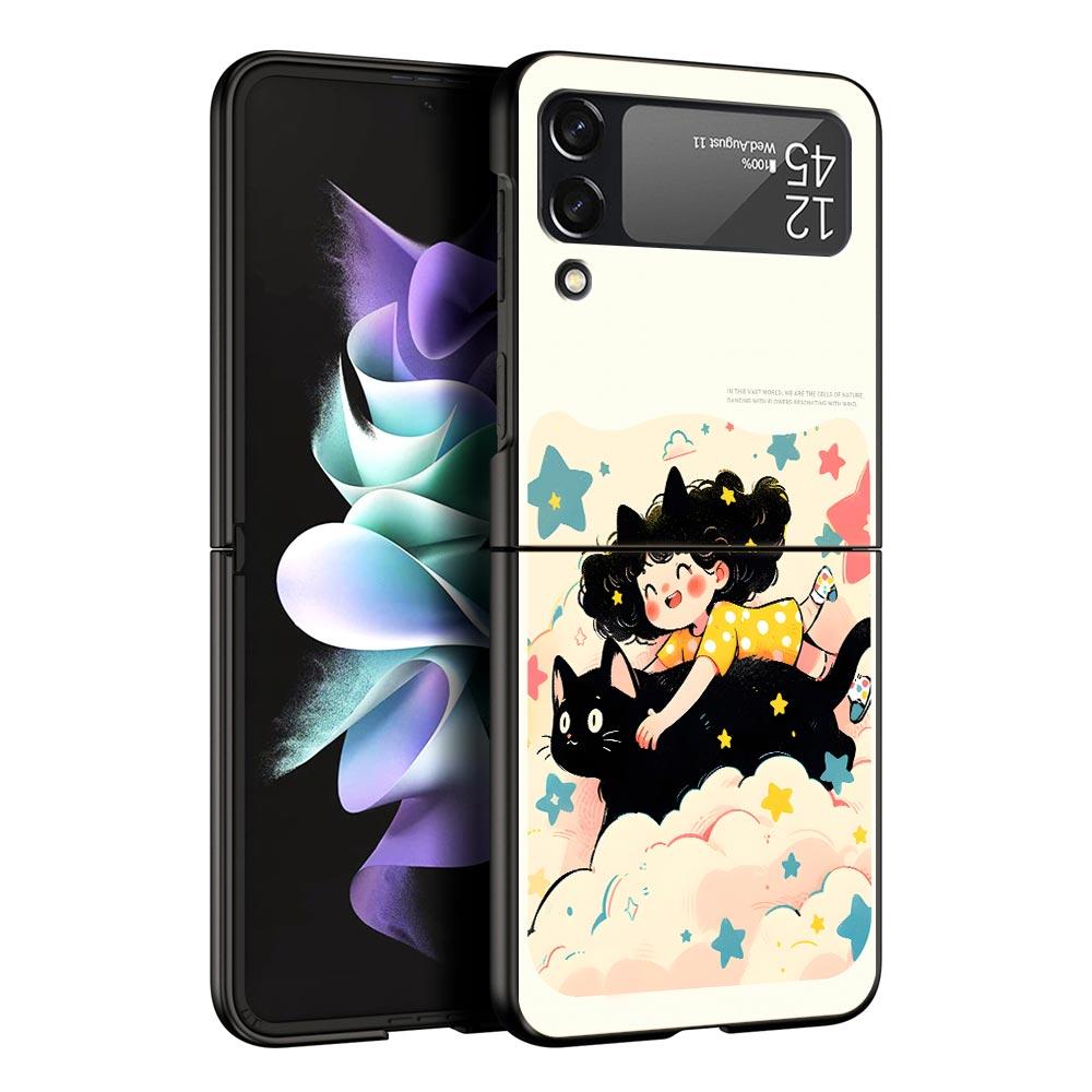 Cute Cartoon Black Cat Phone Case For Samsung Galaxy Z Flip3 Flip4 Flip5 Case Shell For Z Flip 3 4 5 6 7 Hard Folding Cover