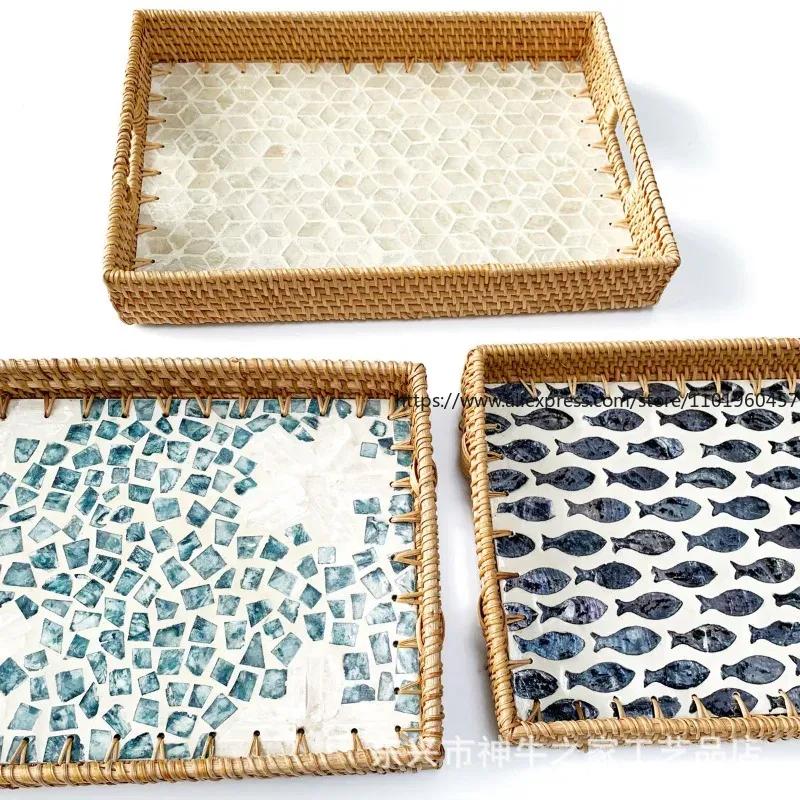 Rechteckiger Naturmuschel Rattan Korb Kreatives Rattan Aufbewahrungstablett Bunter Muschel Aufbewahrungskorb Obstschale Heim Organizer