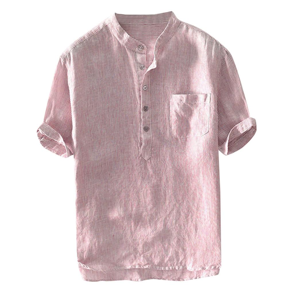 Men's Baggy Stripe Cotton Linen Short Sleeve Button Pocket T Shirts Tops Blouse