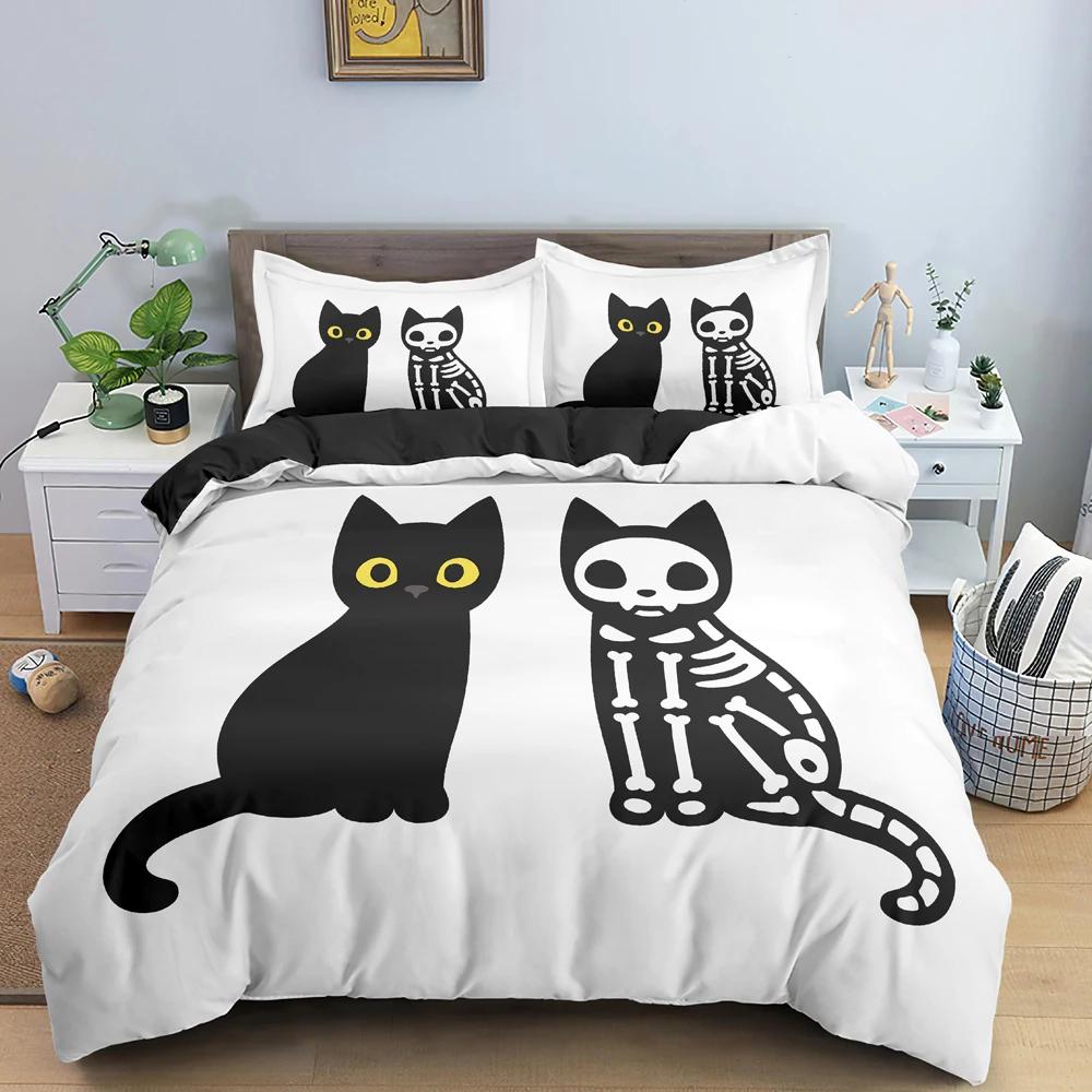 Cartoon Cat Duvet Cover Kawaii Black Kitty For Kids Teens Women Girls Pet Animals Polyester Quilt Cover For Bedroom Decoration