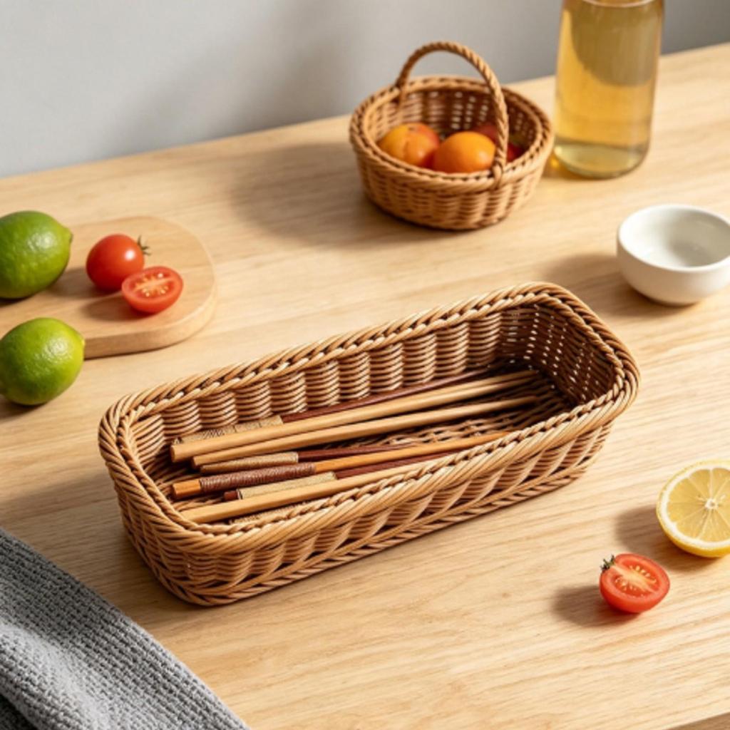 Rectangular Woven Storage Basket with Rounded Corners Handwoven for Dining Table