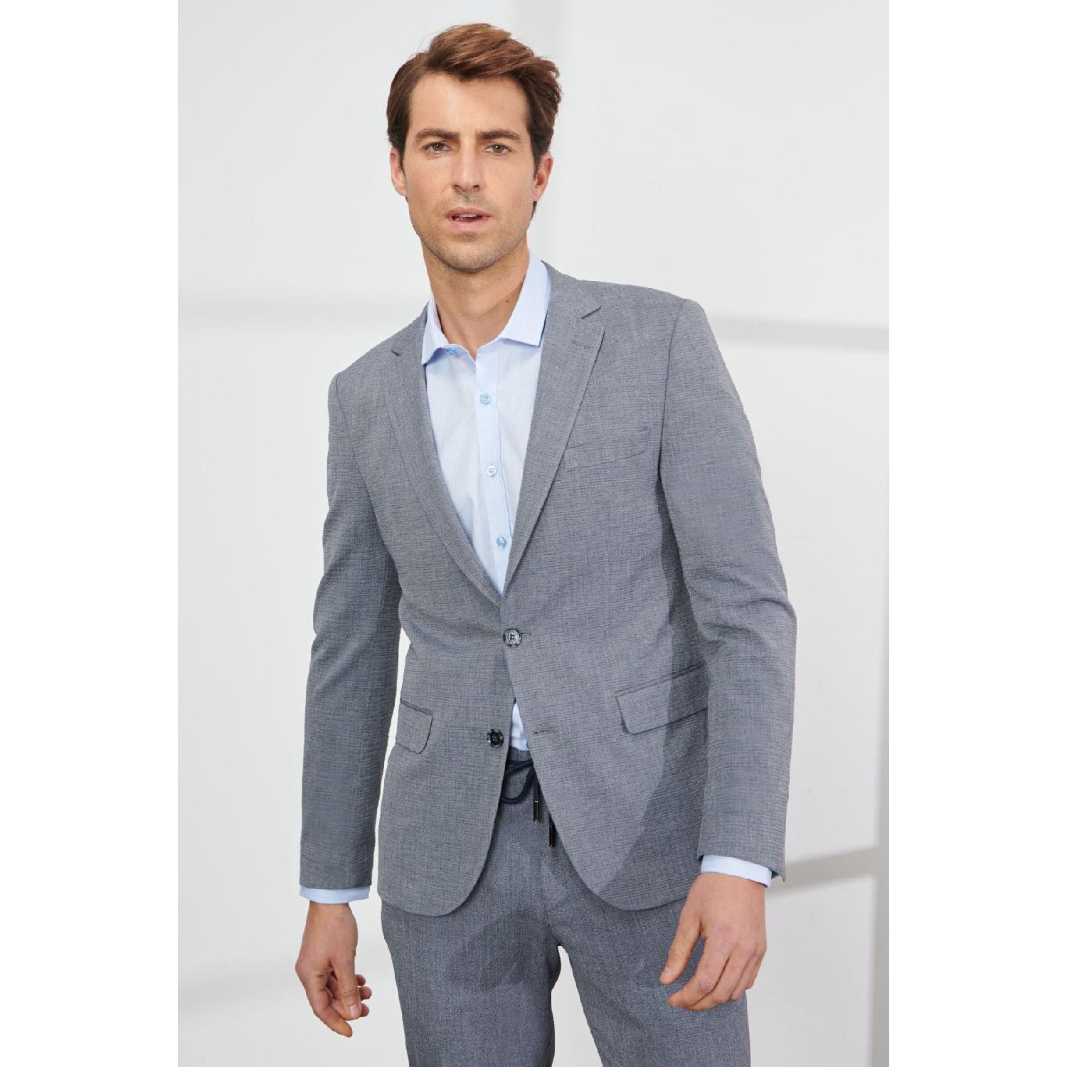 

Men s Gray Slim Fit Narrow Cut Mono Collar Seersucker Patterned Suit 44-6 Drop серый