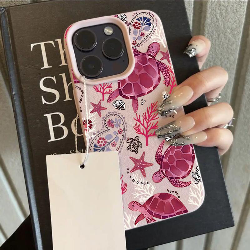 

Pink Sea Turtle Print Lychee Texture Phone Case For iPhone 11 12 13 14 15 16 17 Pro Max 14 15 Plus 17 Air Silicone Soft Cover iPhone 13 Pro