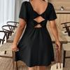 European and American large-size summer new simple temperament square collar waist bow short dress