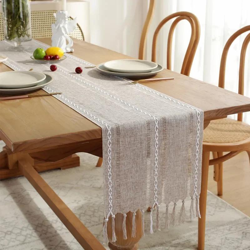 Rustic Farmhouse Style Linen Table Runner, Boho Handmade Tassel, Embroidered Table Runners for Party, Wedding and Dining Decor