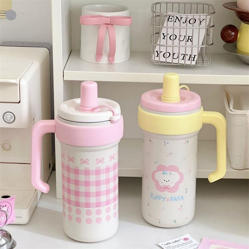 Large Capacity Cute Insulated Mug, 1000Ml Tumbler With Handle And Straw Lid, Stainless Steel Sports Water Bottle
