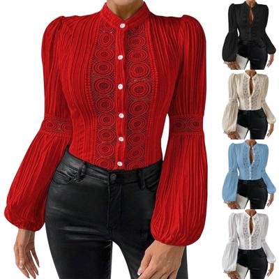 Damenmode Spitzen Patchwork Langarm Einfarbig Stehkragen Hemd