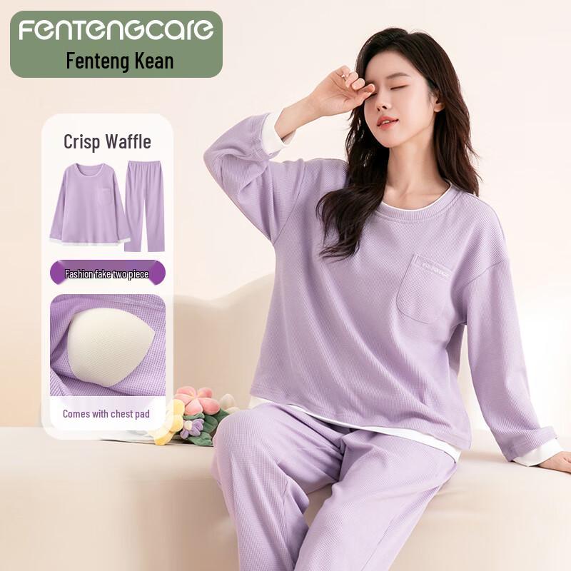 Fenteng Kean Women s Waffle Knit Long-Sleeve Pajama Set L