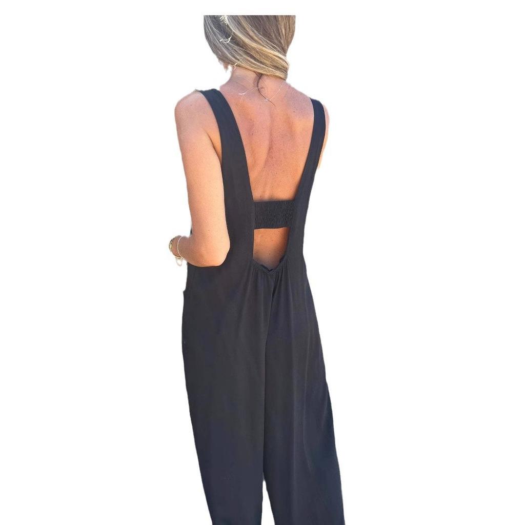 Summer New Independent Station European and American Solid Color Button Insert Bag Loose Casual Strap Jumpsuit Women