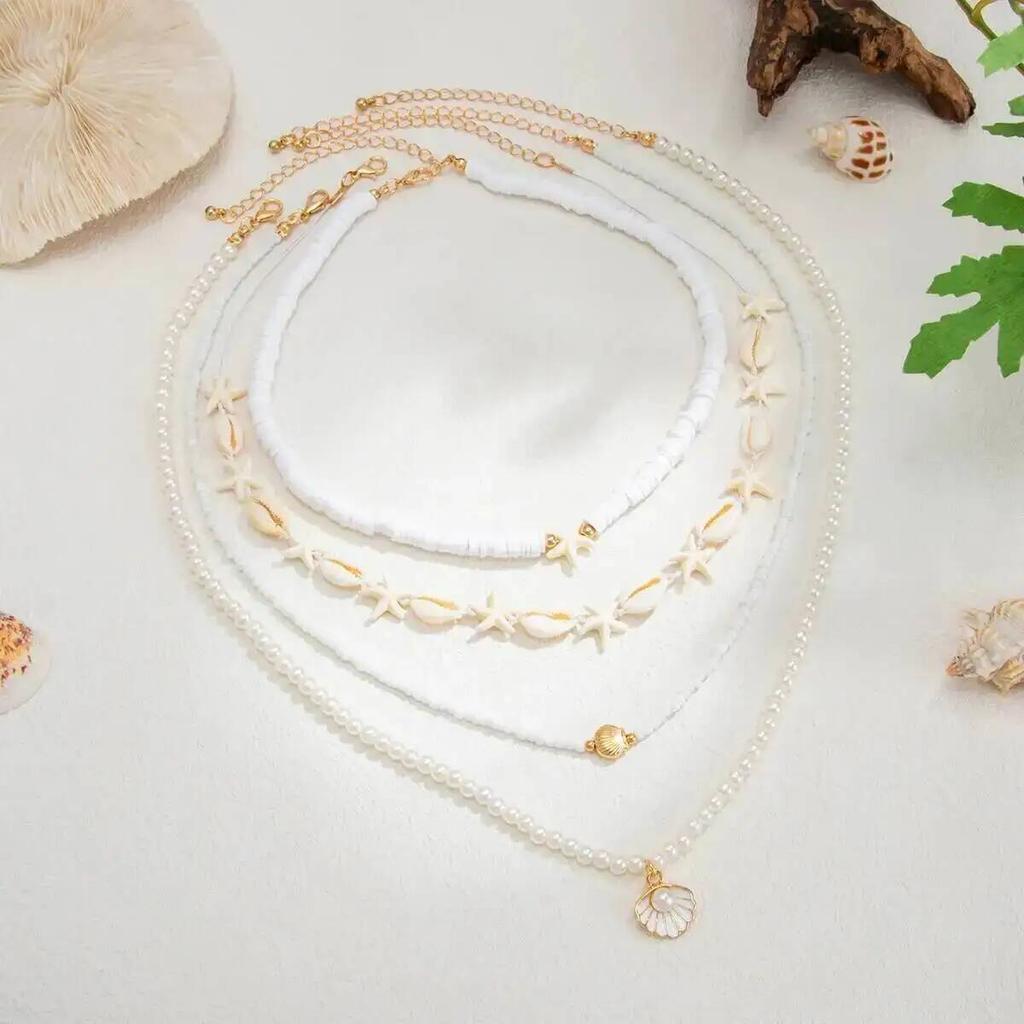 SHIXIN 4Pcs Boho Exquisite Imitation Pearl Scallop Starfish Pendant Necklace Women New Charm Clavicle Bead Chain Jewelry Gifts