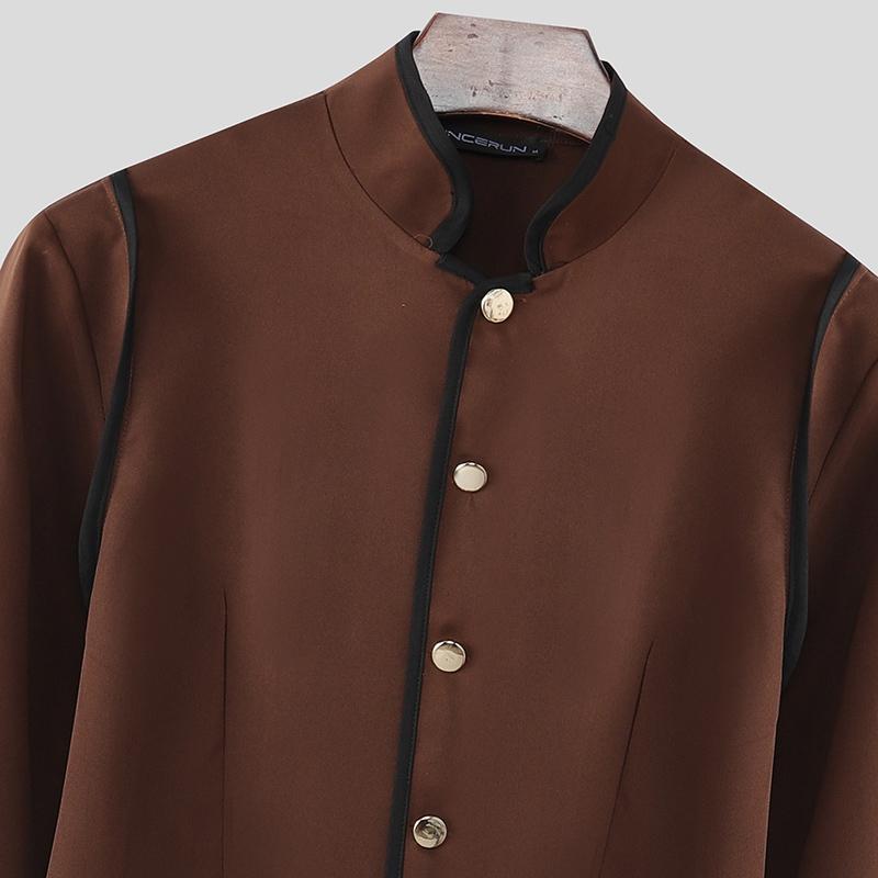 INCERUN Men Stand Neck Long Sleeve Stitching Casual Slim Thin Blazer Suit Coats