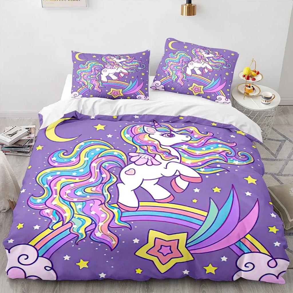 Cartoon Unicorn Duvet Cover King Queen Lovely White Mythical Animal Bedding Set Kids Girl Colorful Rainbow Polyester Quilt Cover Tool