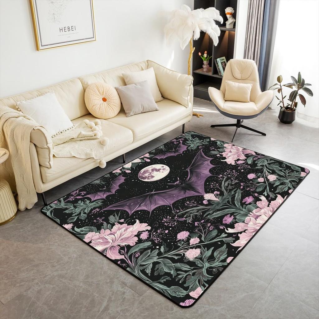 Cute Black Bat Large Area Rug 5x7, Floral Plant Leaves Living Room Rug, Starry Sky Moon Galaxy Rugs for Bedroom Boho Exotic European Style C
