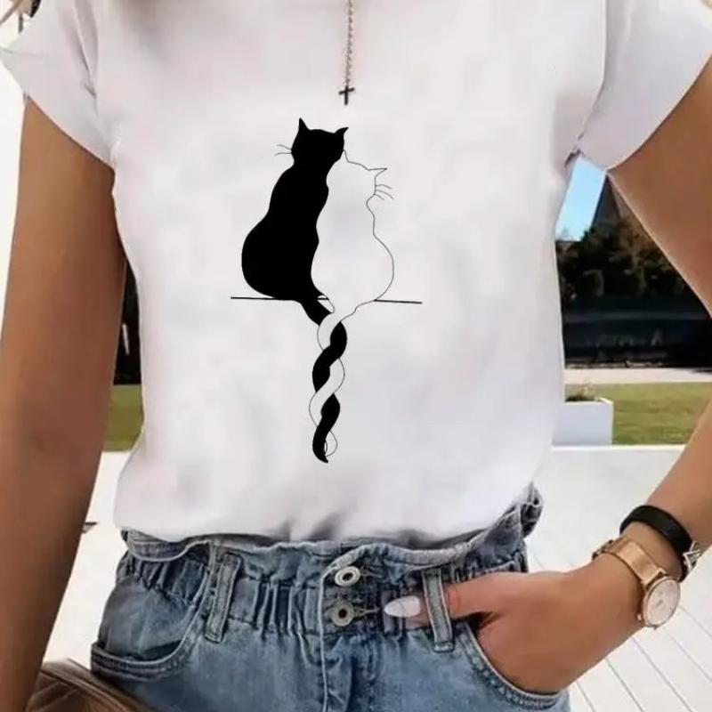 Short Sleeve Print Clothes Women Spring Summer FeUnisex Tee Fashion Cat Love Sweet Valentine Shirt Lady Graphic Tshirt Clothing