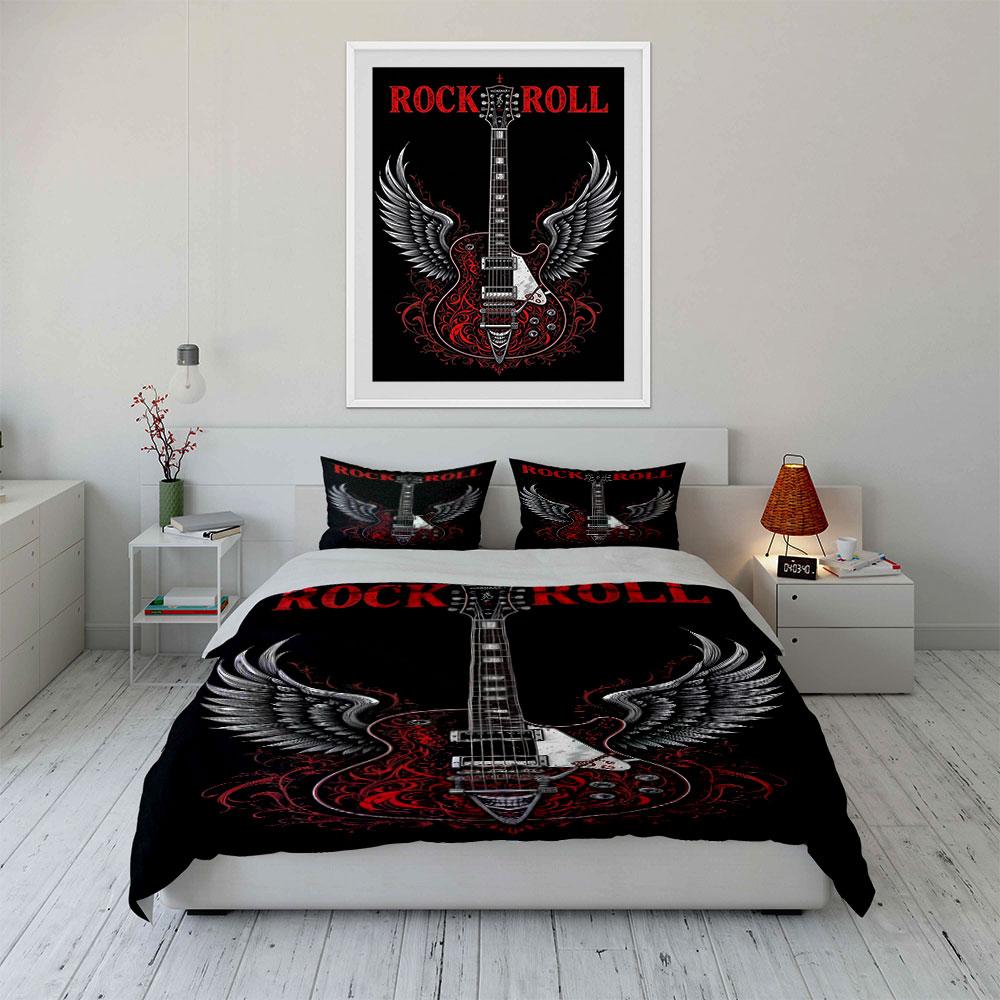 Guitar, wings, red flourishes. Bedding sets Duvet cover sets Duvet covers Pillowcases(1 * Duvet Cover 2 * Pillowcases without duvet insert)