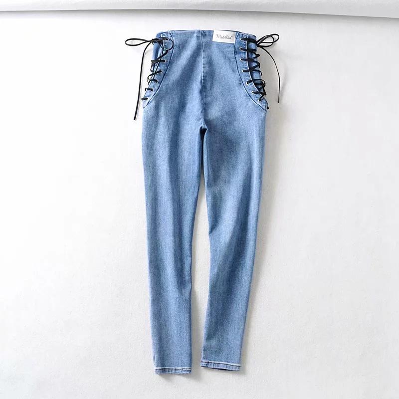 Fashion Elasticity Slim Lace Up Pencil Pants Women's High Waist Skinny Jeans