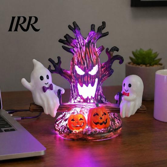 Creative Gothic Style Night Lamp Animated Seesaw Ghost Light, USB Powered 3D Cute LED Decoration with Warm Light Spooky Tree And Pumpkin Design,
