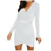 Women's Solid Color Long-sleeved Cross V-neck Sexy Bag Hip Slim Shiny Evening Knee-length Dress