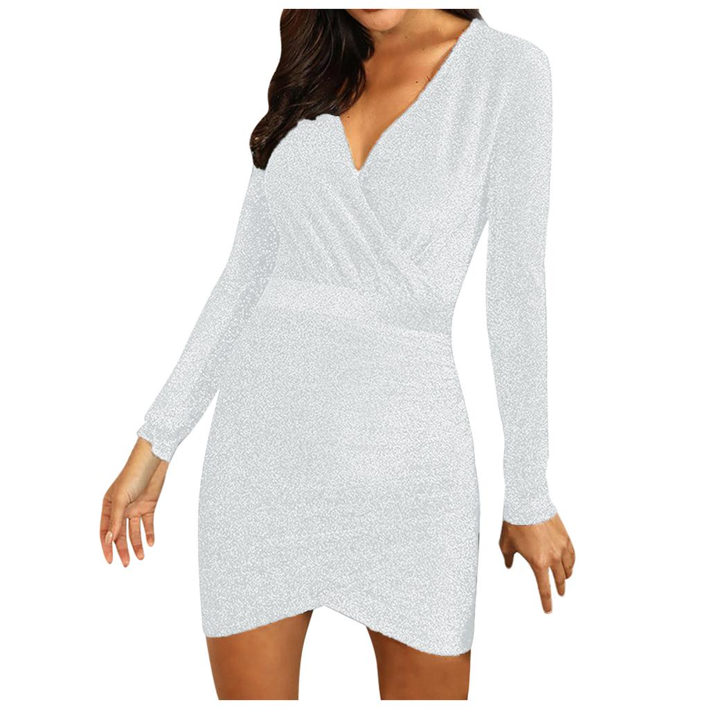 Women's Solid Color Long-sleeved Cross V-neck Sexy Bag Hip Slim Shiny Evening Knee-length Dress
