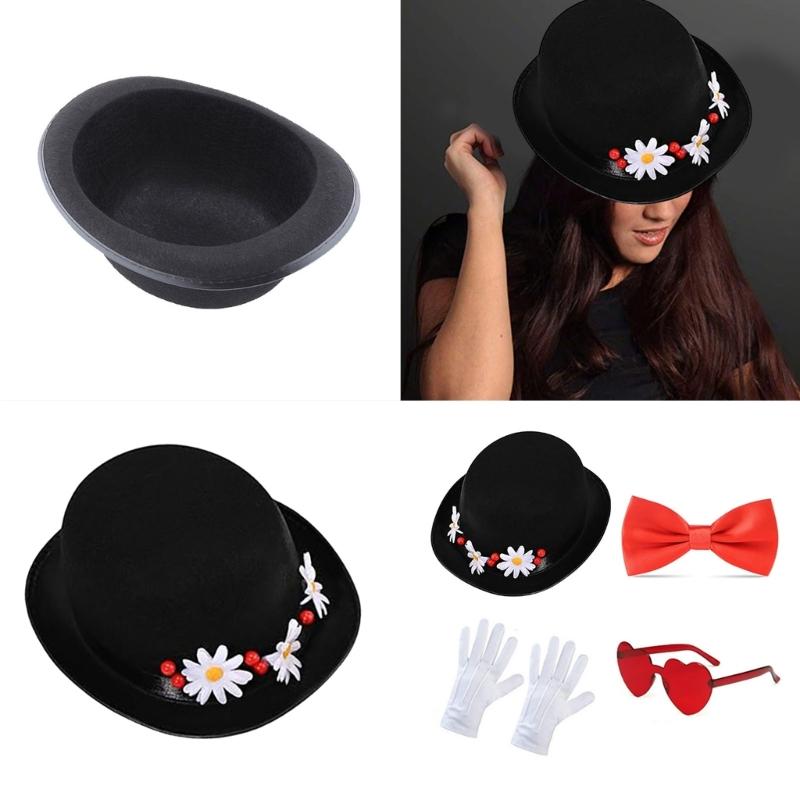 Black Felts Magicians Hat Glasses Bowtie and Gloves Set For Professional Performances Practical Wear Resistant Design