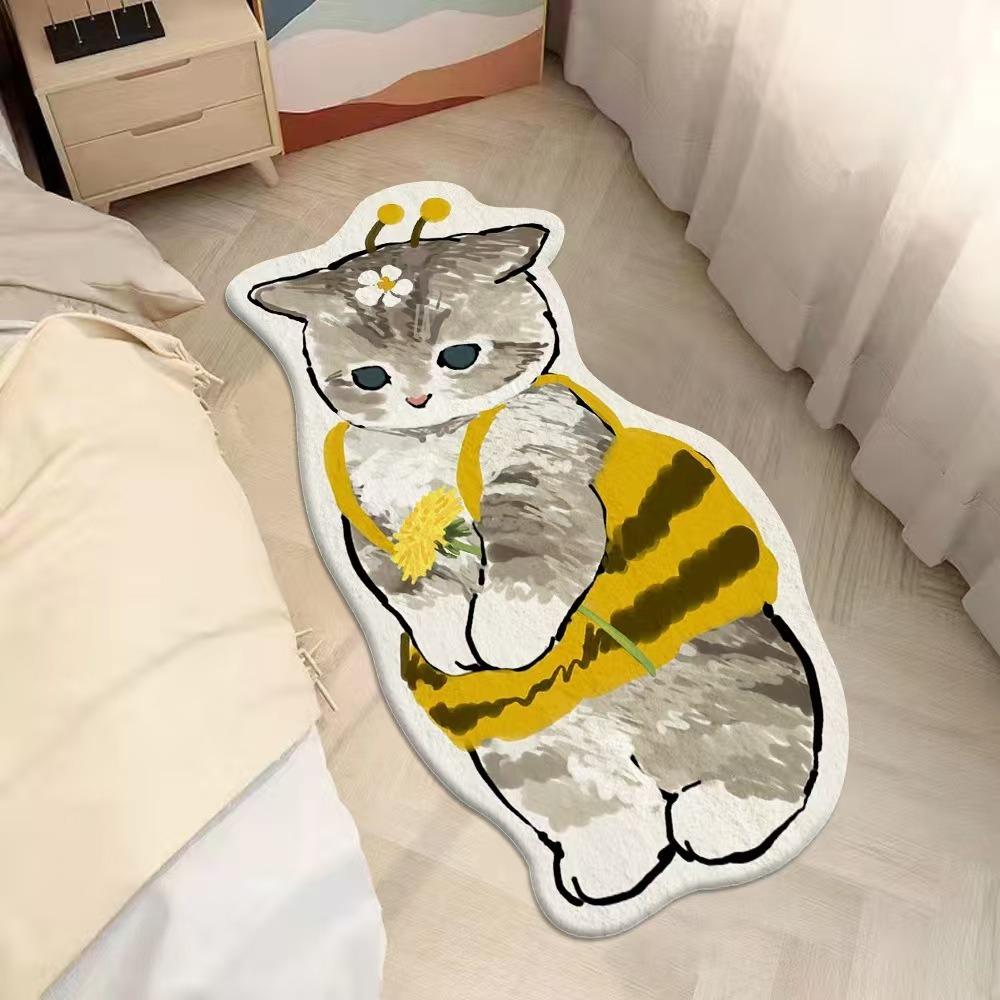 2pcs Cartoon Cute Cat Imitation Cashmere Bedroom Carpet Special-shaped Bedside Carpet Floor Mat