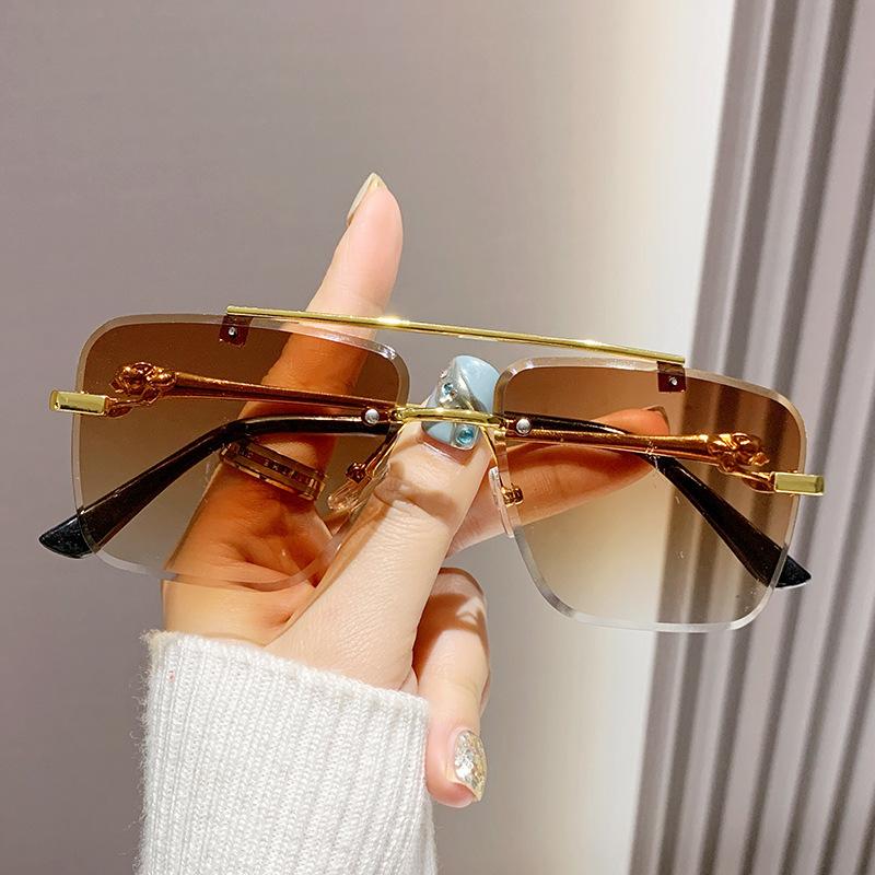 Rimless Square Pilot Sunglasses Women For Men Fashion Vintage Luxury Brand Designer Sun Glasses Punk Metal Gold Leopard Shades