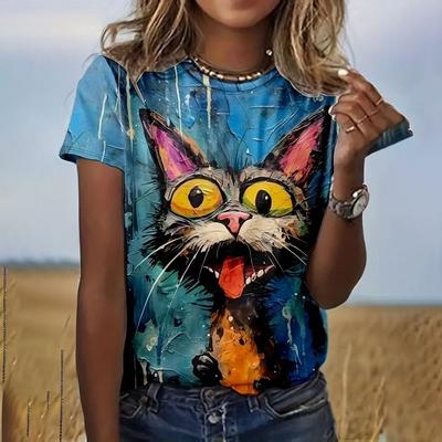 T-shirt à manches courtes et col rond pour femme, vêtement d'été décontracté à la mode, grande taille, imprimé chat de dessin animé, dégradé, 2024