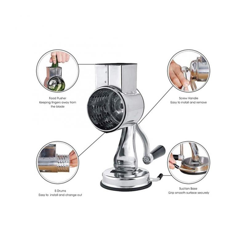 Stainless Steel Cheese Grater with Rotary Chopper - 5 Interchangeable Blades, Multi-Function Grater for Cheese, Vegetables, Nuts & Fruits