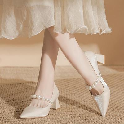 Women's Autumn Cheongsam Bridesmaid Chunky Mid-Heel Flats